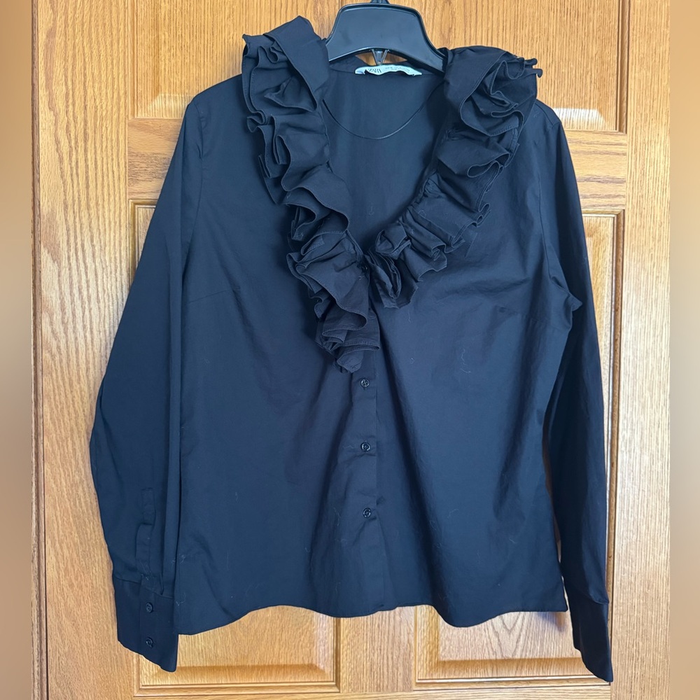Zara Black Ruffle Collar Button-Front Blouse